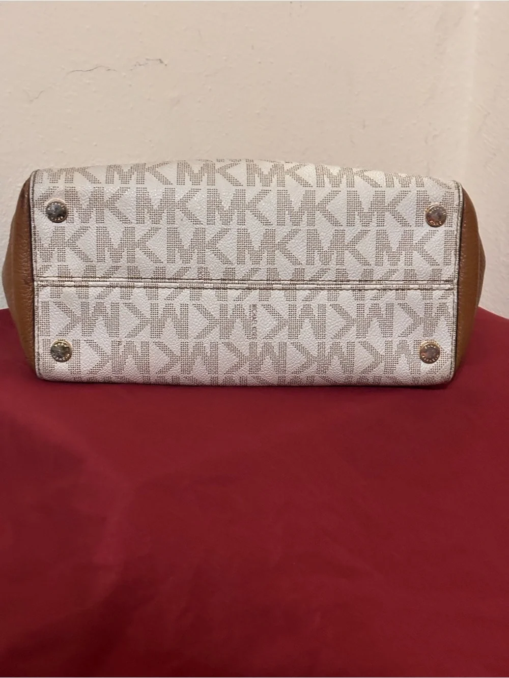 Michael Kors White Logo Canvas Satchel with Brown Leather Trim